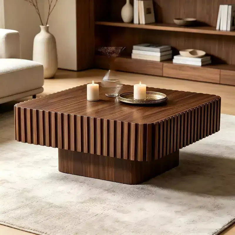 JVNOXK 31.5 Inch Modern Handcraft Drum Coffee Table Square Coffee Table for Living Room,with Sturdy MDF Pedesta,Walnut