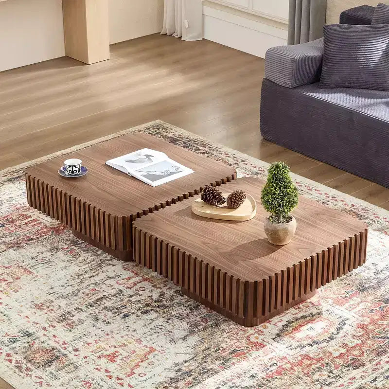 JVNOXK 31.5 Inch Modern Handcraft Drum Coffee Table Square Coffee Table for Living Room,with Sturdy MDF Pedesta,Walnut