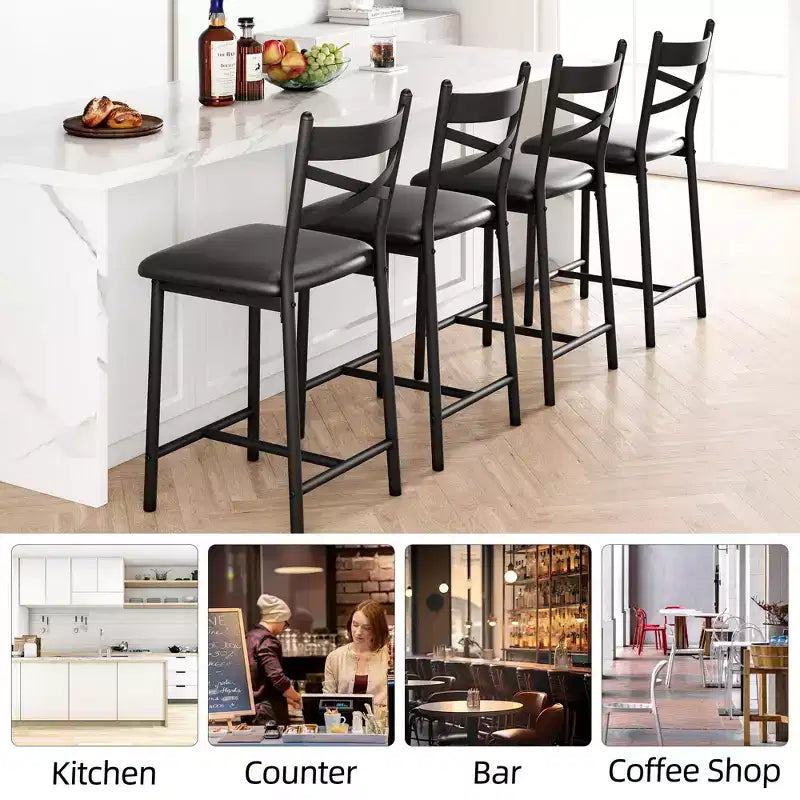Bar Stools Set  Upholstered with Backrest & Footrest, Counter Height Barstools, Thick Cushion for Kitchen Island, Apartment, Counter Bar