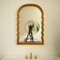 24 Retro Arched Wall Mirror with Scalloped PU Frame, Decorative Mirror with 3 Adjustable Color Temperatures for Bathroom or Bedroom-Panipeachy