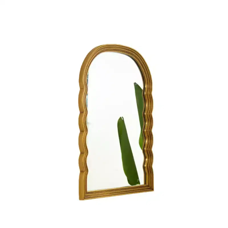 24 Retro Arched Wall Mirror with Scalloped PU Frame, Decorative Mirror with 3 Adjustable Color Temperatures for Bathroom or Bedroom-Panipeachy