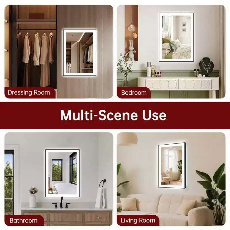 SUMERAIN LED Bathroom Vanity Mirror 20x28 Anti-Fog, Dimmable, 3 Color, Tempered Glass, Black Frame