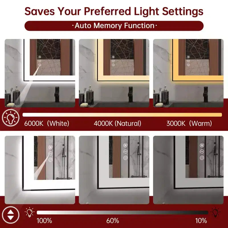 SUMERAIN LED Bathroom Vanity Mirror 20x28 Anti-Fog, Dimmable, 3 Color, Tempered Glass, Black Frame