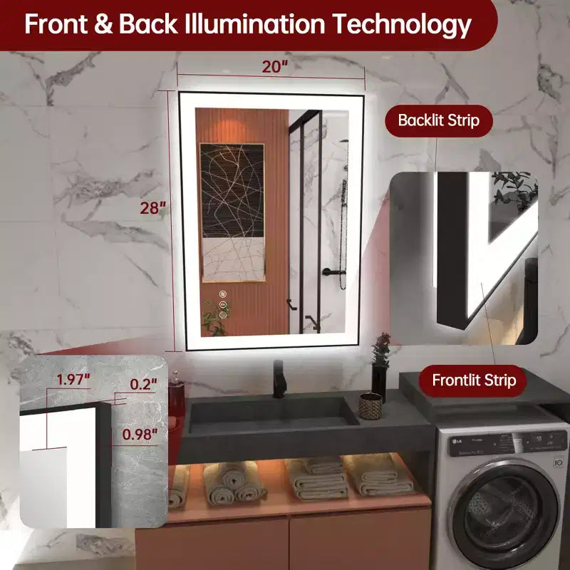 SUMERAIN LED Bathroom Vanity Mirror 20x28 Anti-Fog, Dimmable, 3 Color, Tempered Glass, Black Frame