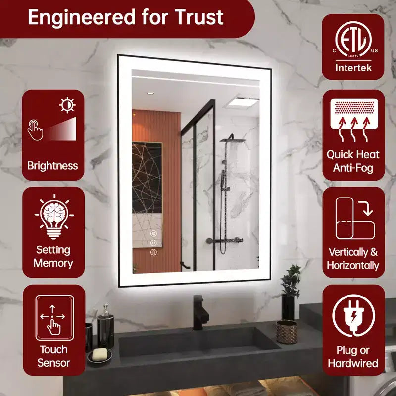 SUMERAIN LED Bathroom Vanity Mirror 20x28 Anti-Fog, Dimmable, 3 Color, Tempered Glass, Black Frame