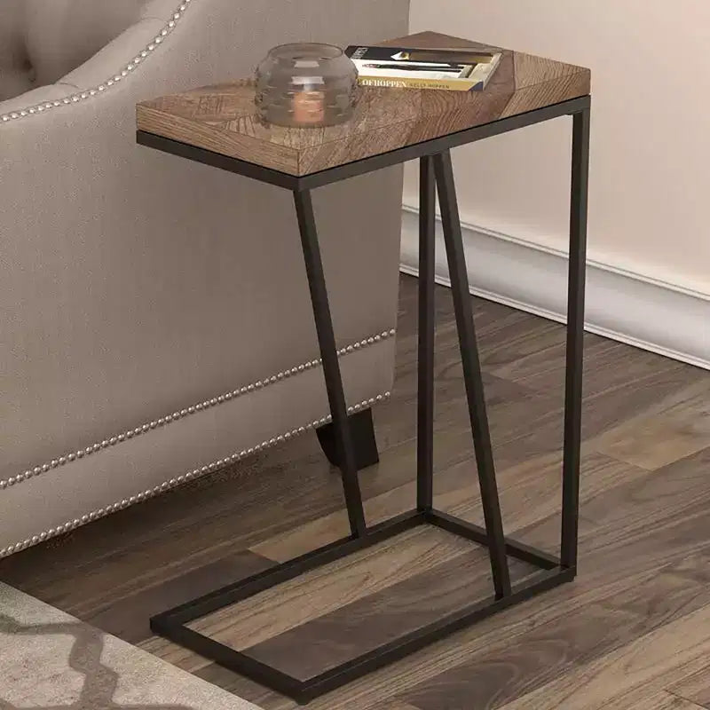Rustic Tobacco Herringbone Sandy Black Accent Table, Modern Rustic Industrial Metal Legs Living Room Coffee Table