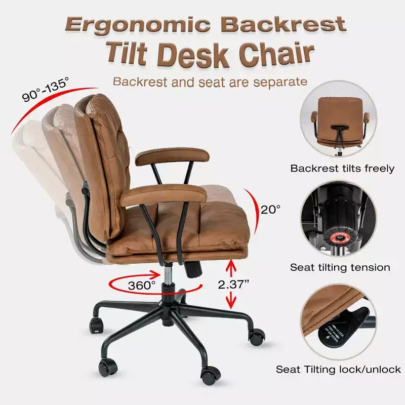 GDFStudio Irene Modern 360 Swivel Adjustable Height 90 to135 Inclined Faux Leather Upholstered Office Chair