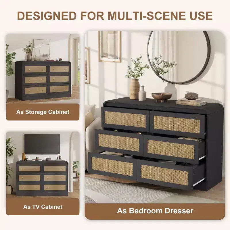 Woven-Style 6-Drawer Dresser for Bedroom, Wide Storage Chest with Textured Fronts