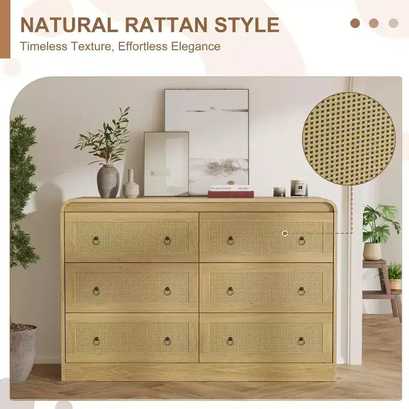 Woven-Style 6-Drawer Dresser for Bedroom, Wide Storage Chest with Textured Fronts