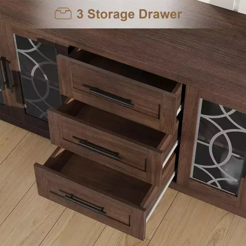 Farmhouse TV Stand for 75 Inch TVs, Wooden Entertainment Center w/ 3 Drawers & 2 Glass-Front Cabinets, Media Console Table for Living Room