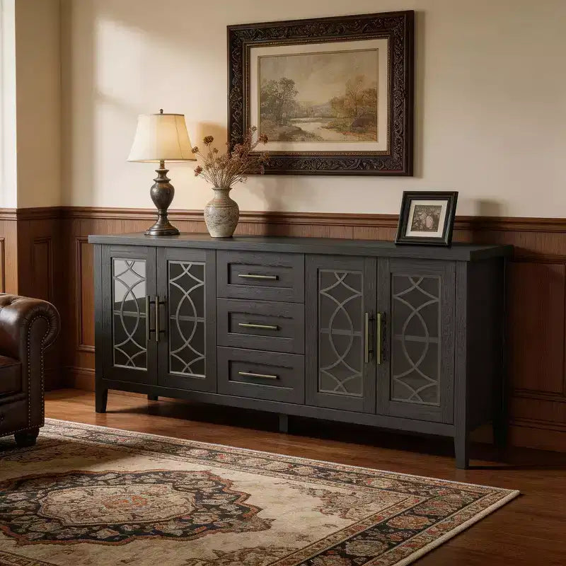 Farmhouse TV Stand for 75 Inch TVs, Wooden Entertainment Center w/ 3 Drawers & 2 Glass-Front Cabinets, Media Console Table for Living Room