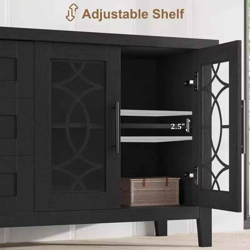 Farmhouse TV Stand for 75 Inch TVs, Wooden Entertainment Center w/ 3 Drawers & 2 Glass-Front Cabinets, Media Console Table for Living Room