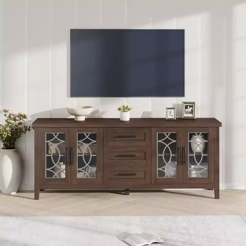 Farmhouse TV Stand for 75 Inch TVs, Wooden Entertainment Center w/ 3 Drawers & 2 Glass-Front Cabinets, Media Console Table for Living Room