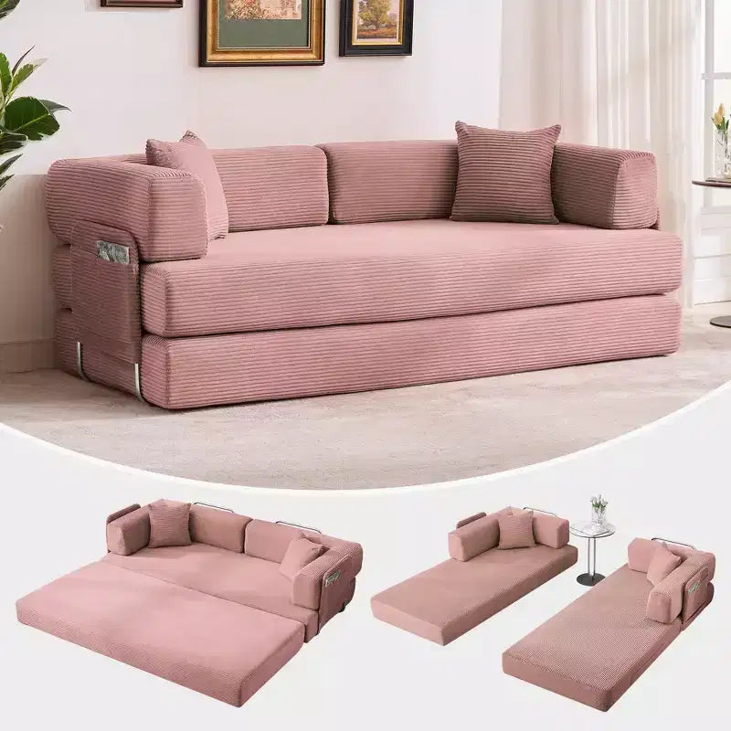 Modern 79 Corduroy Futon Sofa Bed for Small Spaces, 5-in-1 Convertible Sleeper Couch with Removable Armrests & Pillows