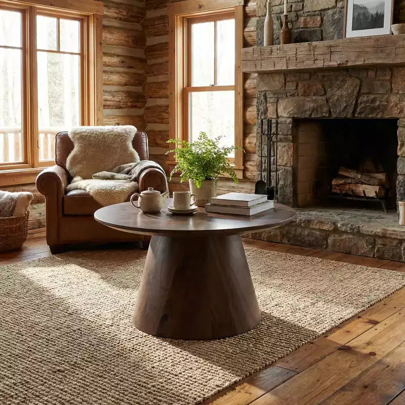 JVNOXK Walnut wood grain medium density fiberboard circular coffee table - diameter 23.6 inches, height 13.7 inches