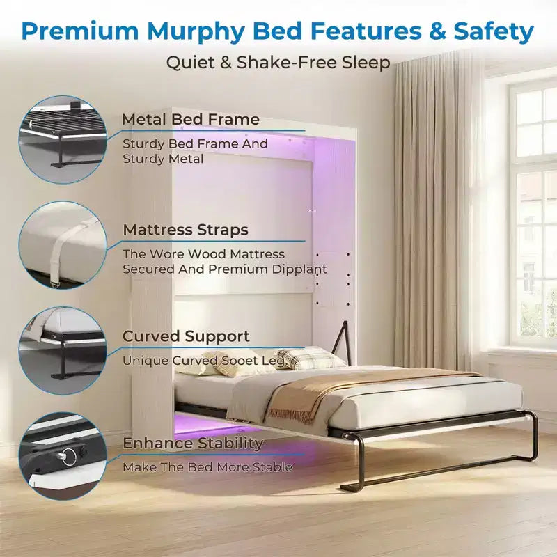 Mjkone Murphy Bed with RGB LED Lights, Space-Saving Wall Bed, No Mattress Included