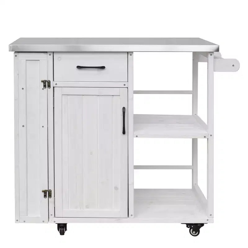 sumyeg Outdoor Kitchen Island Cart with Stainless Steel Top, Fir Wood Prep Station with Storage Cabinet, Drawer, Shelves and Lockable Wheels, White