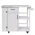 sumyeg Outdoor Kitchen Island Cart with Stainless Steel Top, Fir Wood Prep Station with Storage Cabinet, Drawer, Shelves and Lockable Wheels, White