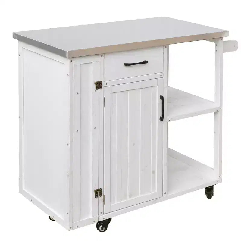 sumyeg Outdoor Kitchen Island Cart with Stainless Steel Top, Fir Wood Prep Station with Storage Cabinet, Drawer, Shelves and Lockable Wheels, White