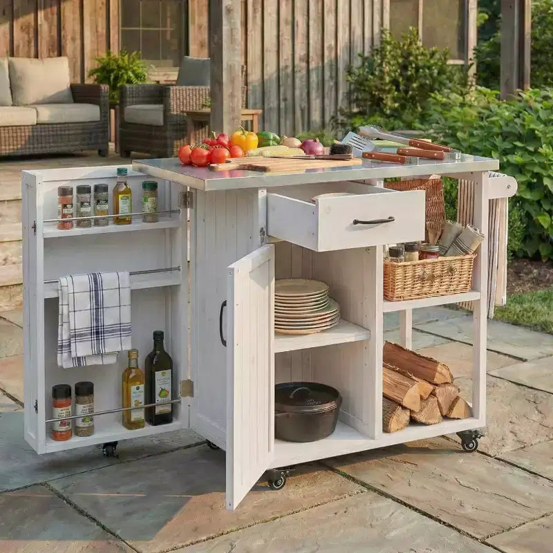 sumyeg Outdoor Kitchen Island Cart with Stainless Steel Top, Fir Wood Prep Station with Storage Cabinet, Drawer, Shelves and Lockable Wheels, White