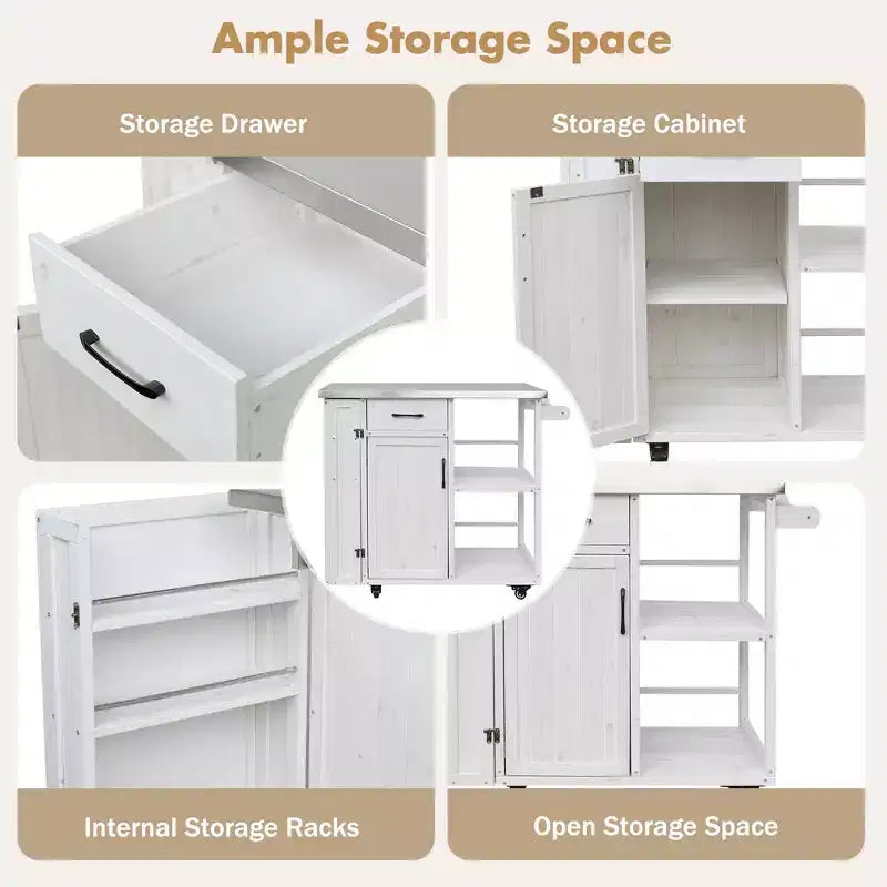 sumyeg Outdoor Kitchen Island Cart with Stainless Steel Top, Fir Wood Prep Station with Storage Cabinet, Drawer, Shelves and Lockable Wheels, White