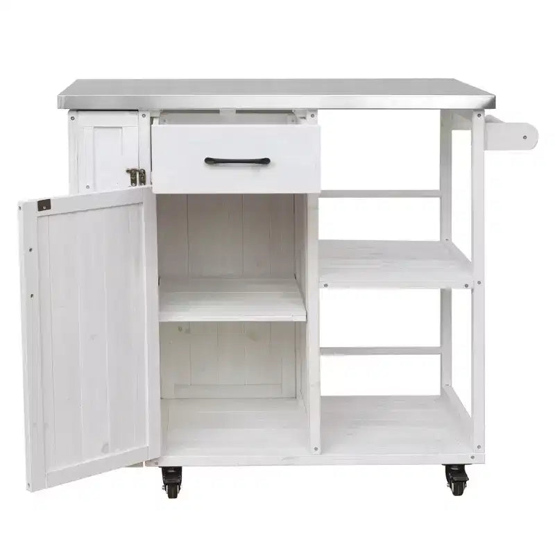 sumyeg Outdoor Kitchen Island Cart with Stainless Steel Top, Fir Wood Prep Station with Storage Cabinet, Drawer, Shelves and Lockable Wheels, White