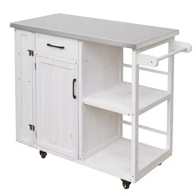 sumyeg Outdoor Kitchen Island Cart with Stainless Steel Top, Fir Wood Prep Station with Storage Cabinet, Drawer, Shelves and Lockable Wheels, White