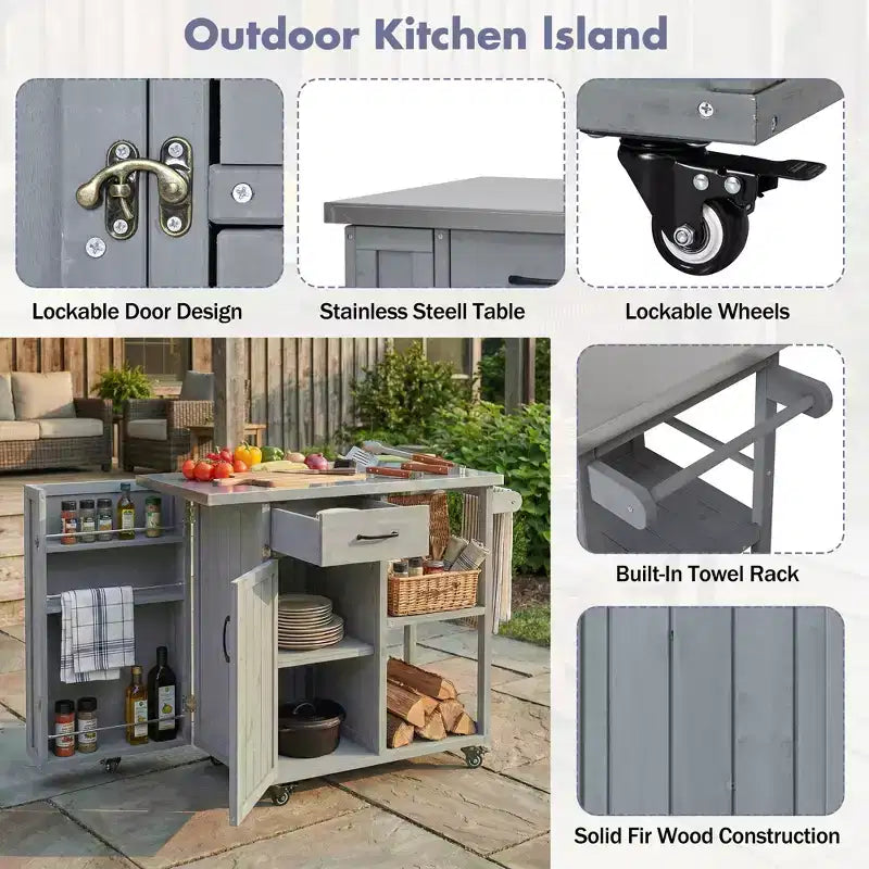 GDFStudio Tony Outdoor Kitchen Island Fir Wood Prep Station with Stainless Steel Top