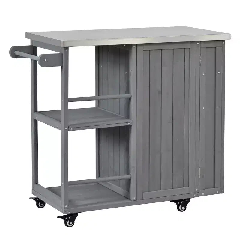 GDFStudio Tony Outdoor Kitchen Island Fir Wood Prep Station with Stainless Steel Top