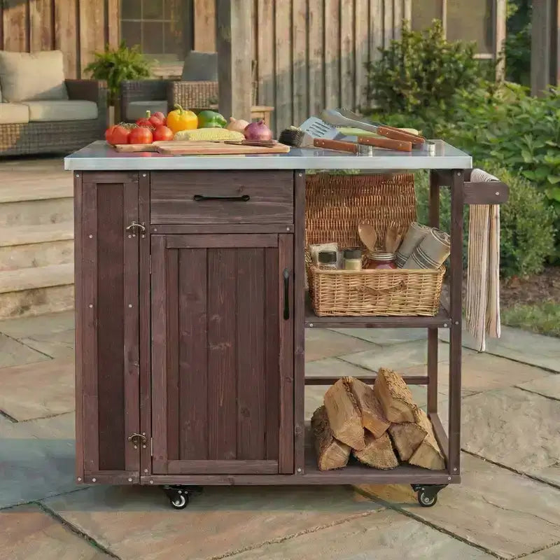 GDFStudio Tony Outdoor Kitchen Island Fir Wood Prep Station with Stainless Steel Top