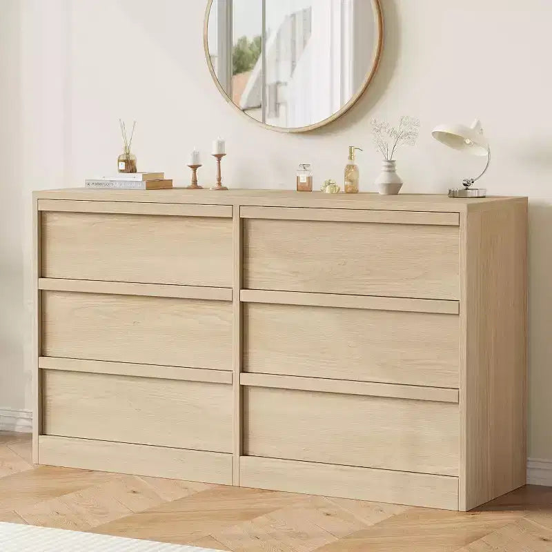 GustoWave 6-Drawer Storage Dresser With Waterproof Top, Natural Oak Finish, For Bedroom Or Entryway