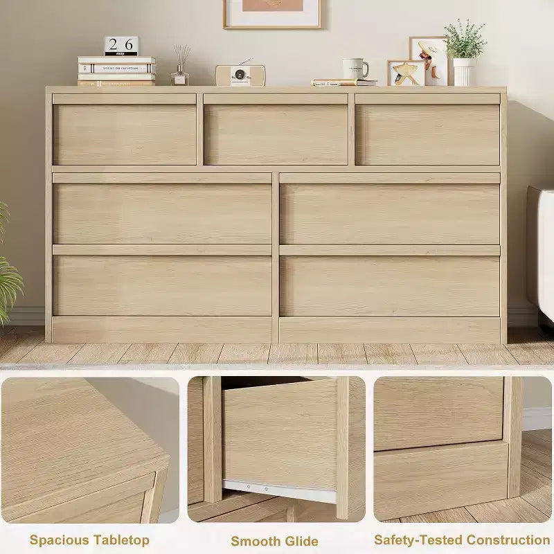 GustoWave 6-Drawer Storage Dresser With Waterproof Top, Natural Oak Finish, For Bedroom Or Entryway