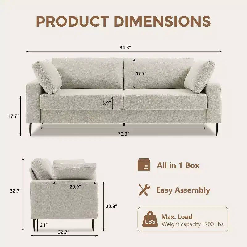 72 Loveseat Sofa, Mid-Century Modern Flared Arm Couch, Deep Seat Upholstered 2-Seater for Living Room, Apartment, Small Spaces, Off White