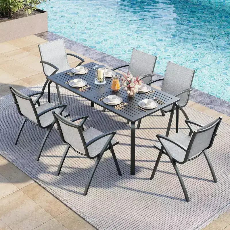 6PCS Modern Aluminum Outdoor Dining Chairs, Quick-Dry Textilene Fabric, All-Weather Rust-Resistant, Ergonomic Commercial-Grade Patio Seating
