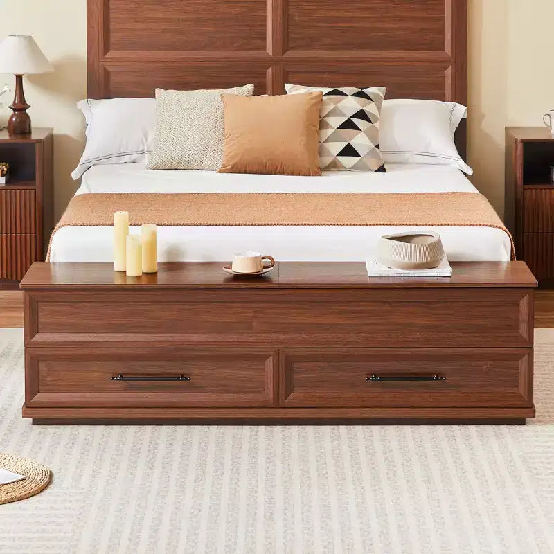 GDFStudio Nuru Modern Wooden Bed Frame with 3D Geometric Headboard and 4-Drawer Storage Bench