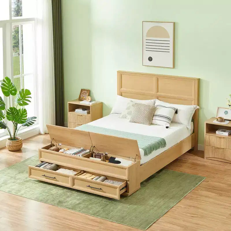 GDFStudio Nuru Modern Wooden Bed Frame with 3D Geometric Headboard and 4-Drawer Storage Bench