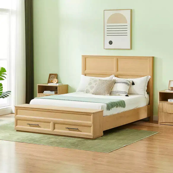 GDFStudio Nuru Modern Wooden Bed Frame with 3D Geometric Headboard and 4-Drawer Storage Bench