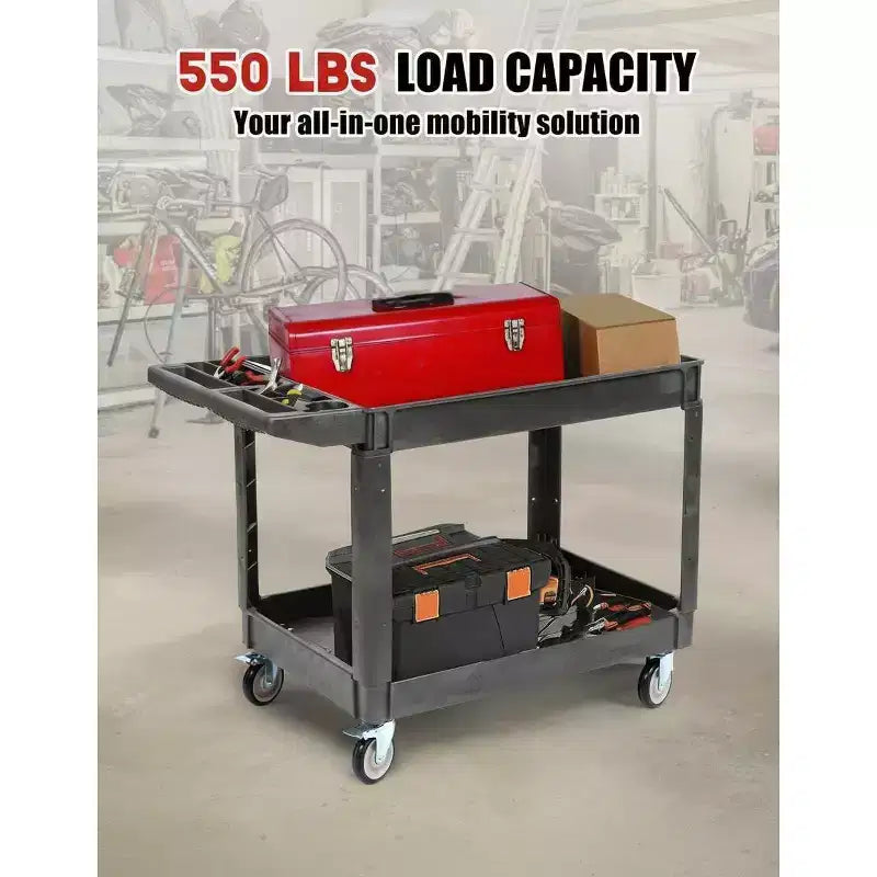 2-Tier Rolling Utility Service Cart with 360 Swivel Wheels & Brakes, 550LBS, Ergonomic Storage Handle for Warehouse/Garage/Cleaning, 40*17 in