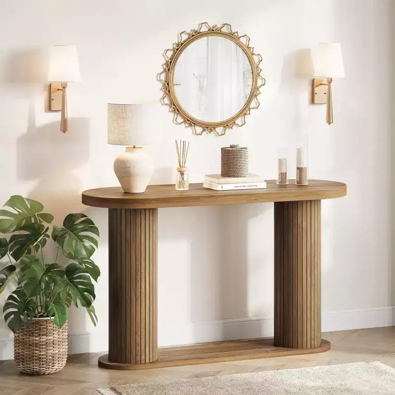 Oval Fluted Entryway Console Table, Modern Narrow Sofa Table Behind Couch with Storage Shelf, Wood Accent Hallway Table for Living Room