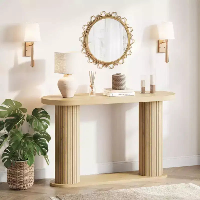 Oval Fluted Entryway Console Table, Modern Narrow Sofa Table Behind Couch with Storage Shelf, Wood Accent Hallway Table for Living Room