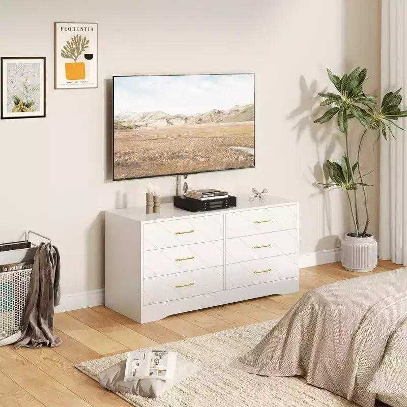 White TV Stand with Mount for 32-80 Inch TVs, 6 Drawer Wood Media Console & Entertainment Center with Height Adjustable Mount, Storage TV Dresser