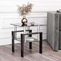 17.72 Black Tempered Glass Coffee Table, Square 2-Tier End Table with Metal Legs for Living Room Bedroom
