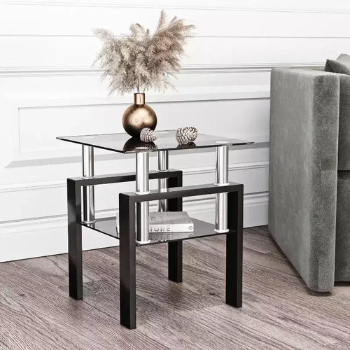 17.72 Black Tempered Glass Coffee Table, Square 2-Tier End Table with Metal Legs for Living Room Bedroom