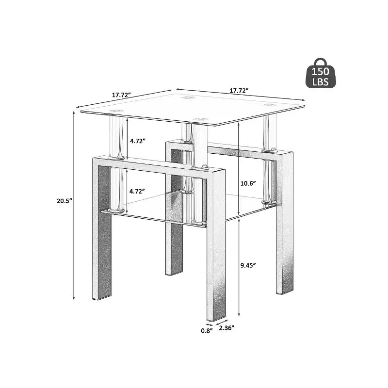 17.72 Black Tempered Glass Coffee Table, Square 2-Tier End Table with Metal Legs for Living Room Bedroom