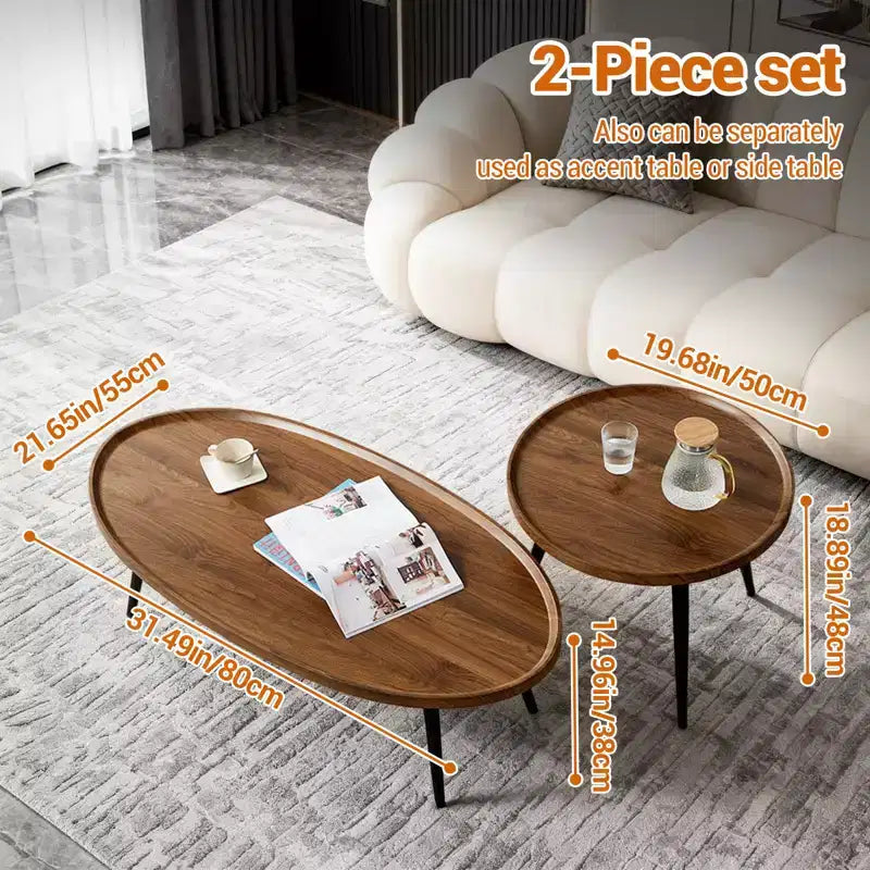 2-Piece Nesting Coffee Table Set, Modern Walnut Side Tables, Space-Saving End Tables for Living Room, Bedroom, Apartment