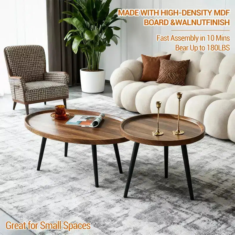 2-Piece Nesting Coffee Table Set, Modern Walnut Side Tables, Space-Saving End Tables for Living Room, Bedroom, Apartment