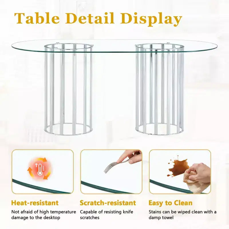GDFStudio Arvion 8-Person Glass and Metal Dining Set with Faux Leather Upholstered Chairs