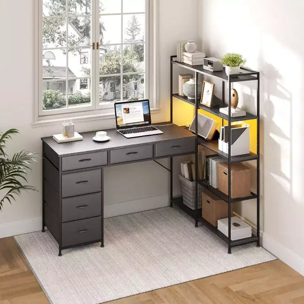 47 L-Shaped Computer Desk with 6 Drawers & 5-Tier Shelves, Reversible Corner Gaming Desk with LED Lights & Power Outlets