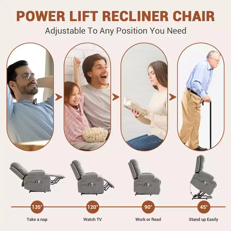 Oversized Power Lift Recliner Chair for Elderly - Electric Heat, Massage & Stand Assist - 135 Reclining - Cup Holders, Side Pocket Grey Fabric
