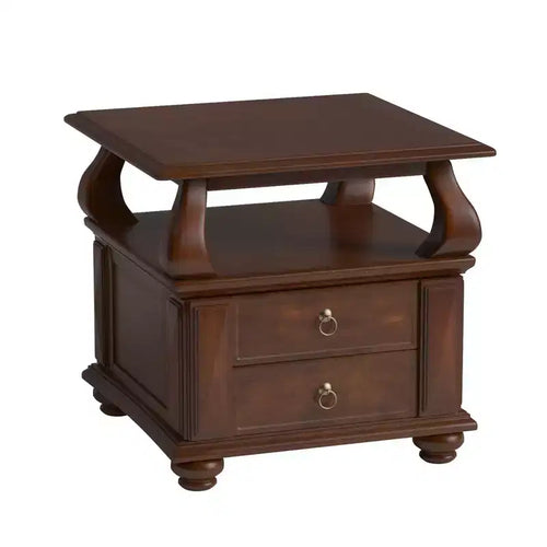 HomeRoots 26 Brown Solid Wood Square End Table With Two Drawers And Shelf